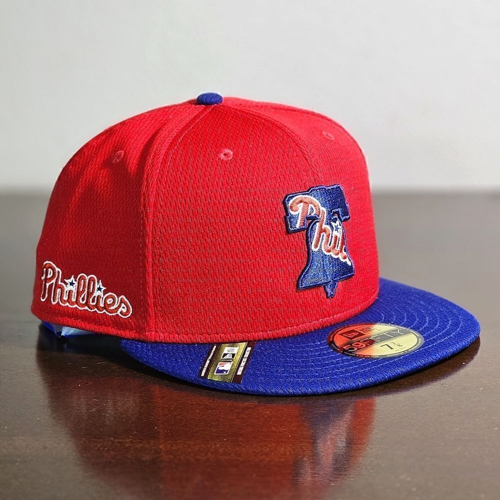 New Era MLB Phillies Fitted Hat Cap 7 7/8 Red Blue 59Fifty Bating Practice New